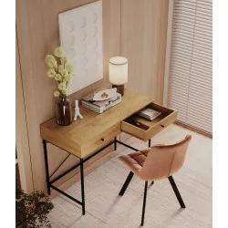 Bureau chêne naturel et métal noir – design industriel avec tiroirs | Golddeco