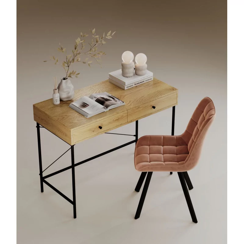 Bureau chêne naturel et métal noir – design industriel avec tiroirs | Golddeco