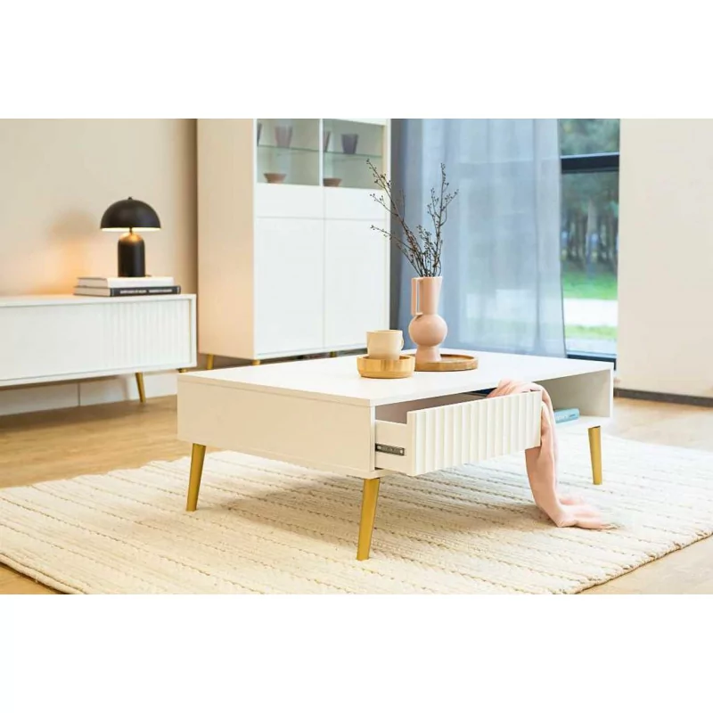 Table basse blanche scandinave avec tiroir – Design Golddeco élégant