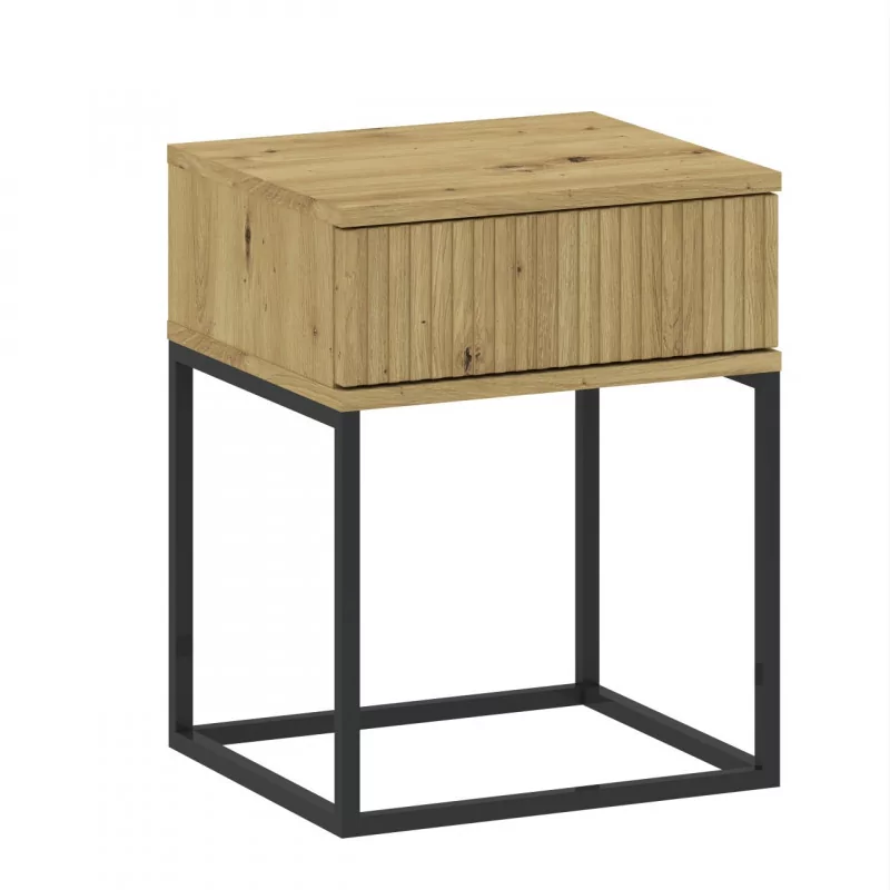 Table de chevet aspect chêne artisanal et structure noire – Élégance moderne | Golddeco