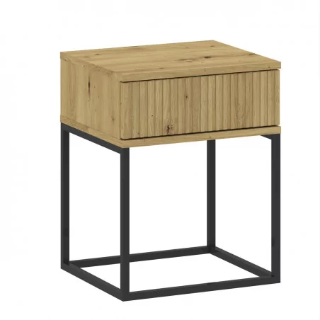 Table de chevet aspect chêne artisanal et structure noire – Élégance moderne | Golddeco