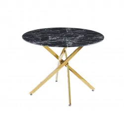Table Ronde Imperia – Plateau effet marbre noir & piètement doré croisé Golddeco