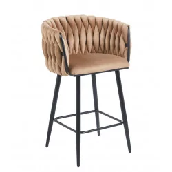 Tabouret de bar MAEVA fixe en velours cappuccino structure noire mate | Collection Golddeco