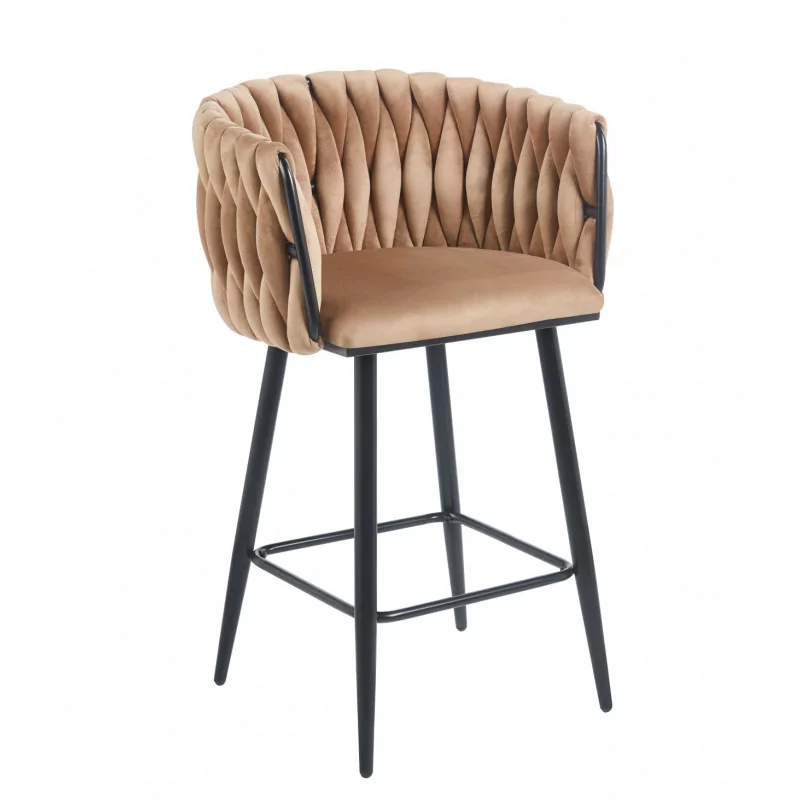 Tabouret de bar MAEVA fixe en velours cappuccino structure noire mate | Collection Golddeco