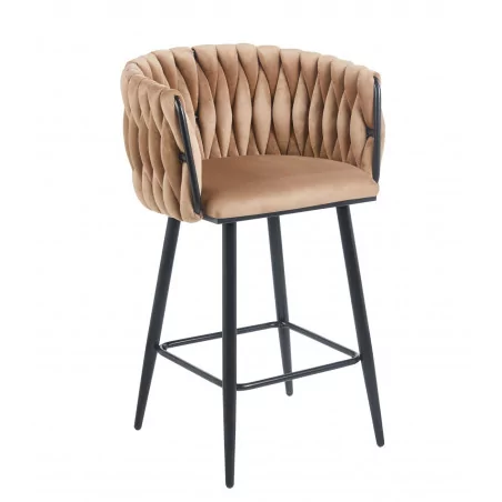 Tabouret de bar MAEVA fixe en velours cappuccino structure noire mate | Collection Golddeco