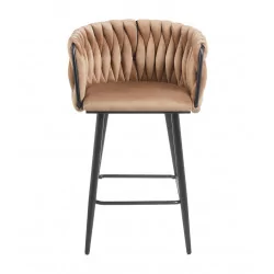 Tabouret de bar MAEVA fixe en velours cappuccino structure noire mate | Collection Golddeco