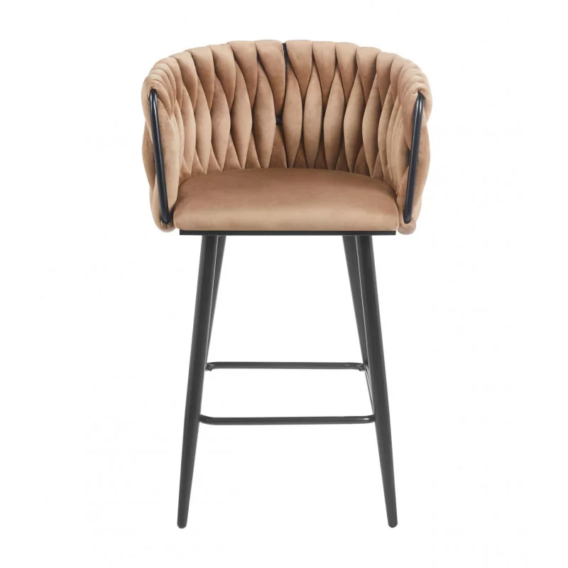 Tabouret de bar MAEVA fixe en velours cappuccino structure noire mate | Collection Golddeco