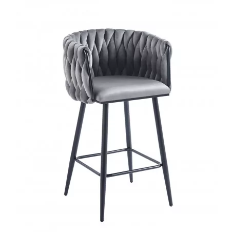 Tabouret de bar MAEVA fixe en velours gris structure noire mate | Collection Golddeco