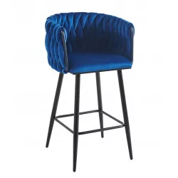 Tabouret de bar MAEVA fixe en velours bleu structure noire mate | Collection Golddeco