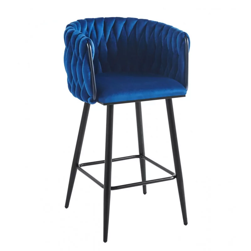 Tabouret de bar MAEVA fixe en velours bleu structure noire mate | Collection Golddeco