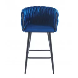 Tabouret de bar MAEVA fixe en velours bleu structure noire mate | Collection Golddeco