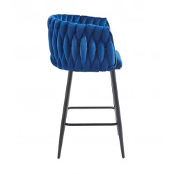 Tabouret de bar MAEVA fixe en velours bleu structure noire mate | Collection Golddeco