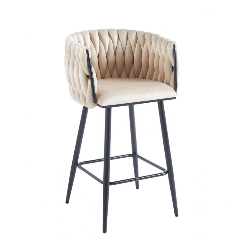 Tabouret de bar MAEVA fixe en velours beige structure noire mate | Collection Golddeco