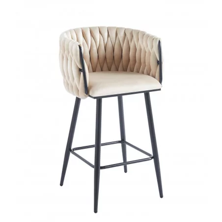 Tabouret de bar MAEVA fixe en velours beige structure noire mate | Collection Golddeco