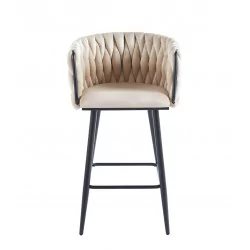 Tabouret de bar MAEVA fixe en velours beige structure noire mate | Collection Golddeco
