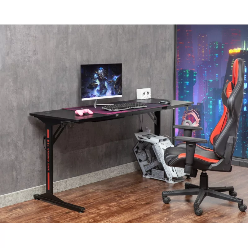 Bureau Gaming XXL noir et rouge – grand format pro avec hub USB | Golddeco