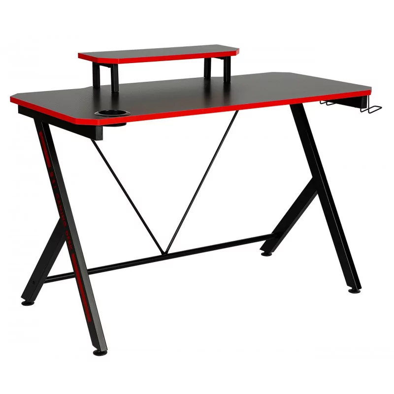 Bureau Gaming noir et rouge – avec surélévation d’écran et porte-gobelet | Golddeco