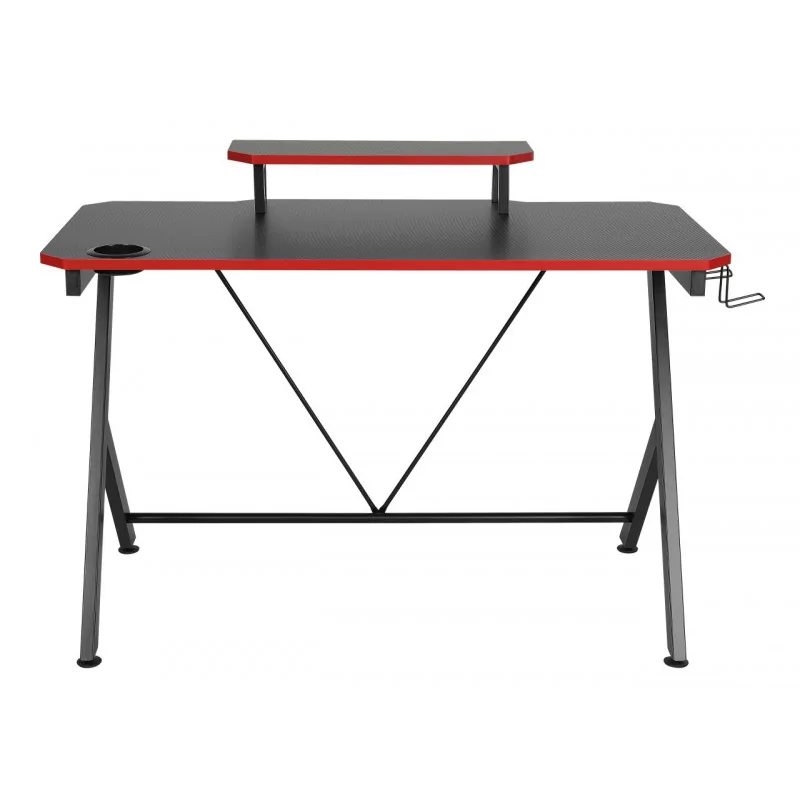 Bureau Gaming noir et rouge – avec surélévation d’écran et porte-gobelet | Golddeco