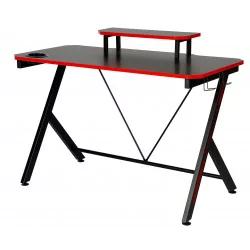 Bureau Gaming noir et rouge – avec surélévation d’écran et porte-gobelet | Golddeco