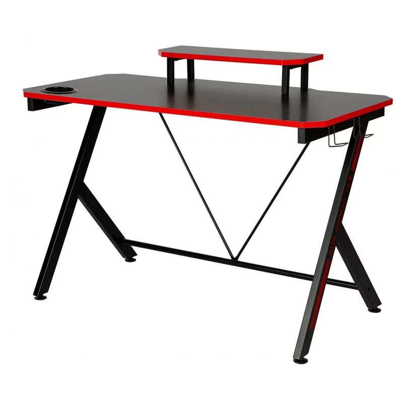 Bureau Gaming noir et rouge – avec surélévation d’écran et porte-gobelet | Golddeco