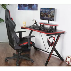 Bureau Gaming noir et rouge – avec surélévation d’écran et porte-gobelet | Golddeco