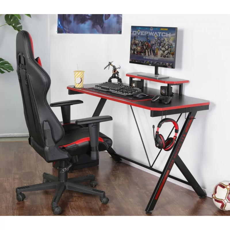 Bureau Gaming noir et rouge – avec surélévation d’écran et porte-gobelet | Golddeco