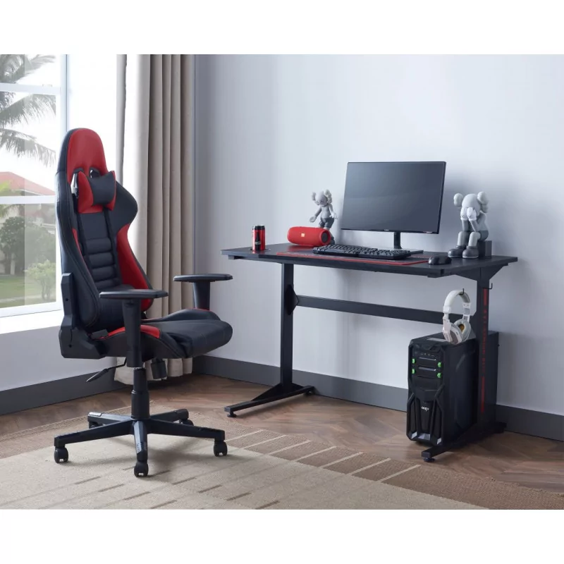 Bureau Gaming noir carbone – design pro avec double passe-câbles | Golddeco