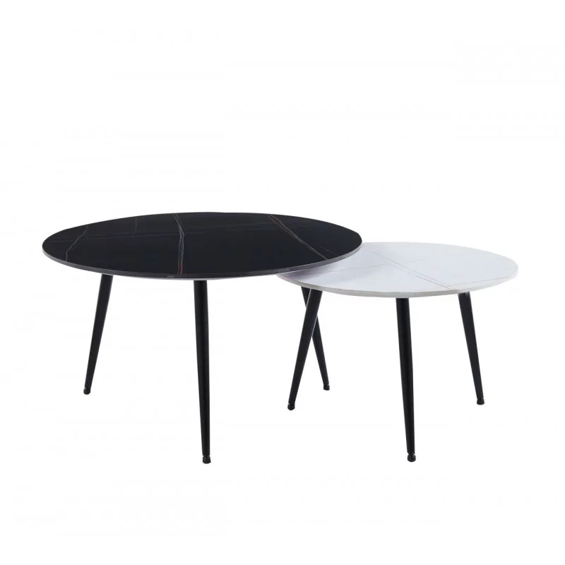 Tables basses aspect noir & blanc – Duo céramique mate Golddeco
