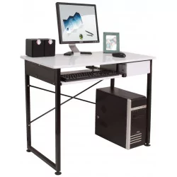 Bureau informatique blanc – structure métallique noire avec tablette coulissante