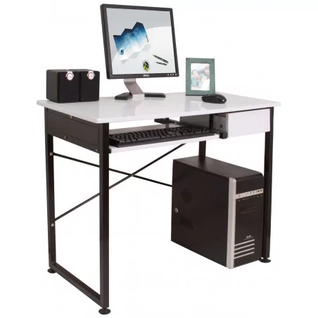 Bureau informatique blanc – robuste avec tablette coulissante et structure métal noire | Golddeco