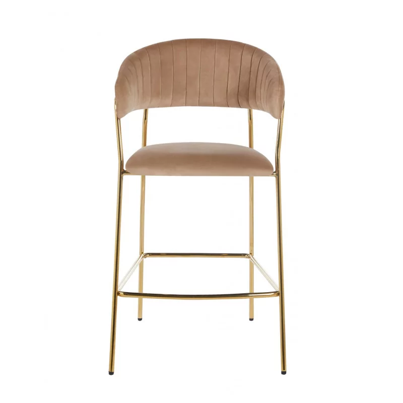 Tabouret de bar Alice en velours cappuccino structure dorée | Collection Golddeco