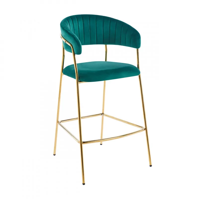 Tabouret de bar Alice en velours vert structure dorée | Collection Golddeco