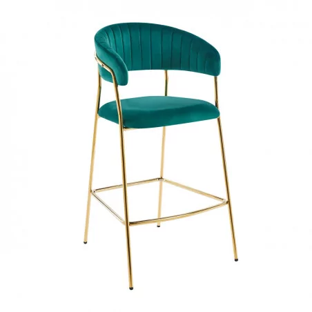 Tabouret de bar Alice en velours vert structure dorée | Collection Golddeco