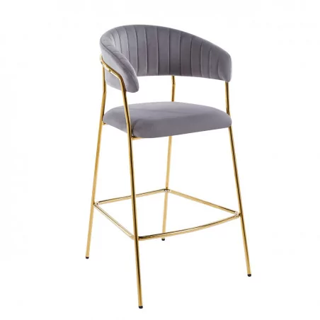 Tabouret de bar Alice en velours gris structure dorée | Collection Golddeco
