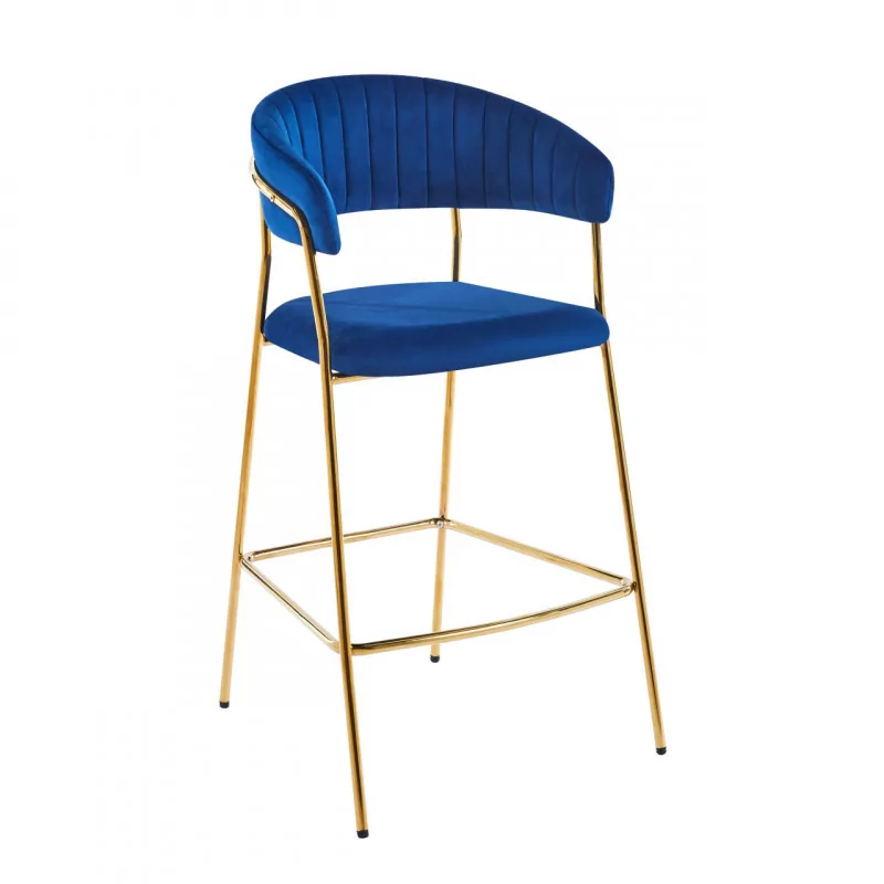 Tabouret de bar Alice en velours bleu structure dorée | Collection Golddeco