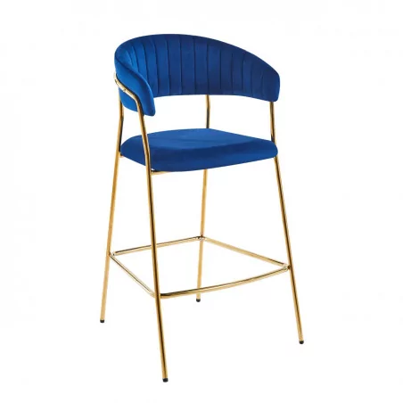 Tabouret de bar Alice en velours bleu structure dorée | Collection Golddeco
