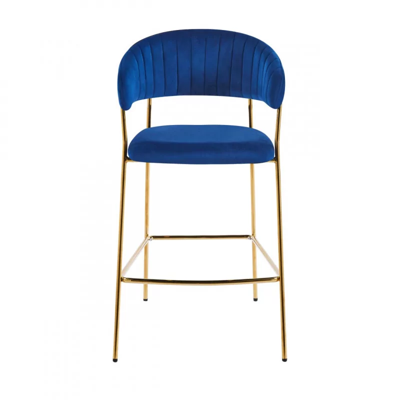 Tabouret de bar Alice en velours bleu structure dorée | Collection Golddeco