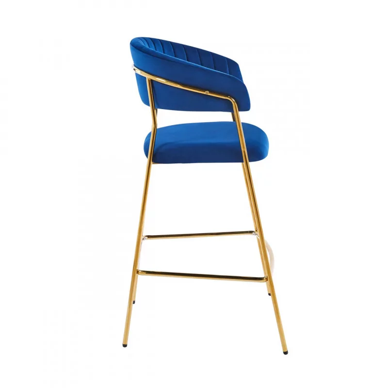 Tabouret de bar Alice en velours bleu structure dorée | Collection Golddeco