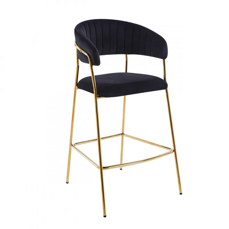 Tabouret de bar Alice en velours noir structure dorée | Collection Golddeco