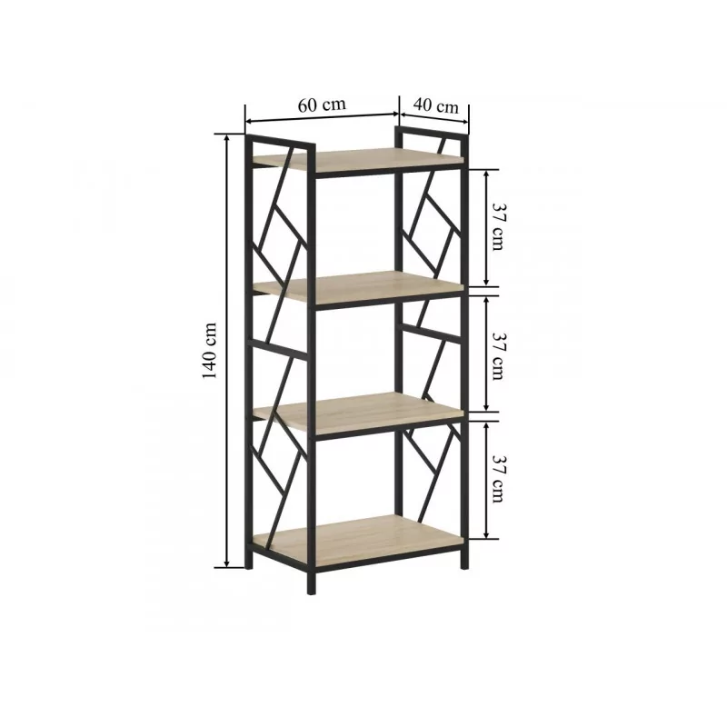 Bibliothèque LOFT 60 cm – 4 niveaux chêne Sonoma & cadre noir | Golddeco