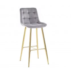 Tabouret de bar Victor en velours gris – Pieds dorés métal