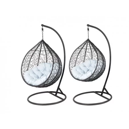 Lot 2 chaises suspendues NEST – Noires & coussins gris (L + XL)