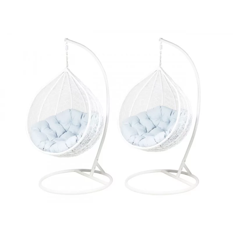 Lot 2 chaises suspendues NEST – Blanches & coussins gris (L + XL)