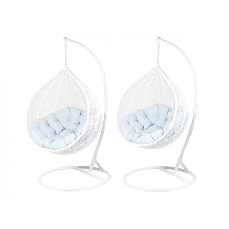 Lot 2 chaises suspendues NEST – Blanches & coussins gris (L + XL)