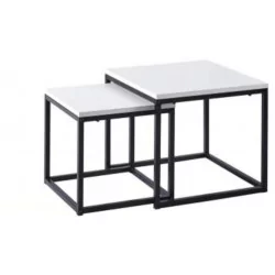 Tables Gigognes SQUARE – Lot de 2 – Plateau Aspect Blanc & Structure Noire