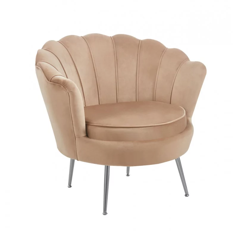 Fauteuil Coquillage en velours marron cappuccino – Pieds argentés | Golddeco