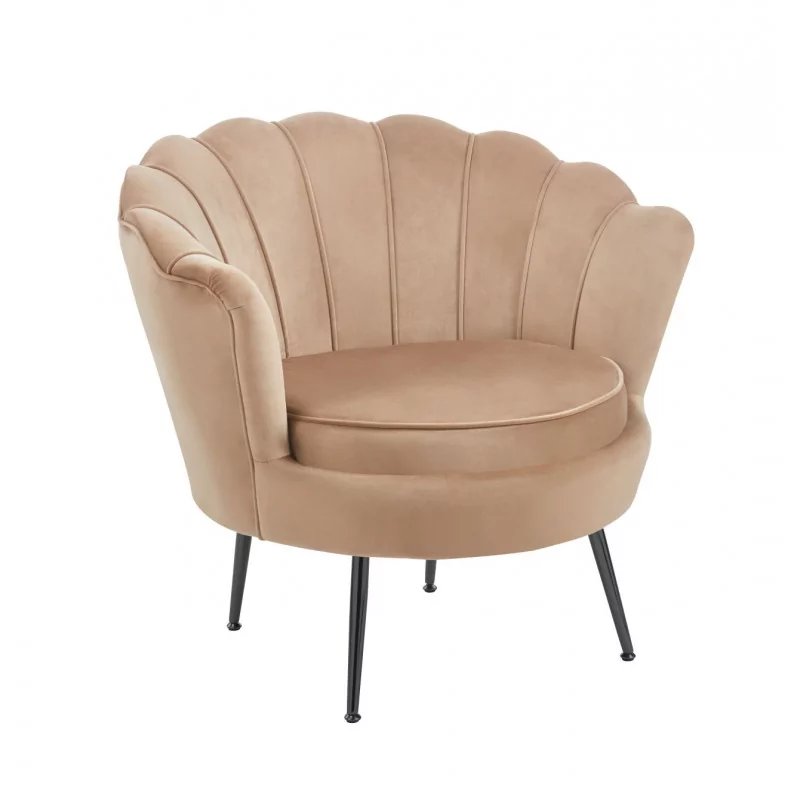Fauteuil Coquillage en velours marron cappuccino – Pieds noirs | Golddeco