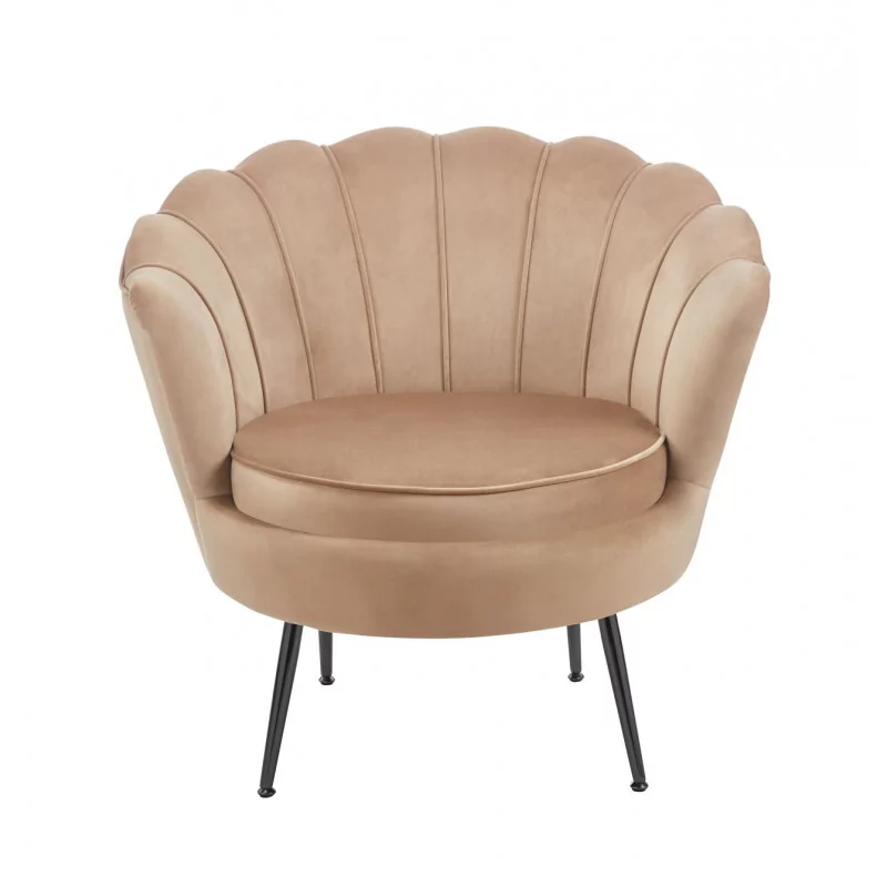 Fauteuil Coquillage en velours marron cappuccino – Pieds noirs | Golddeco