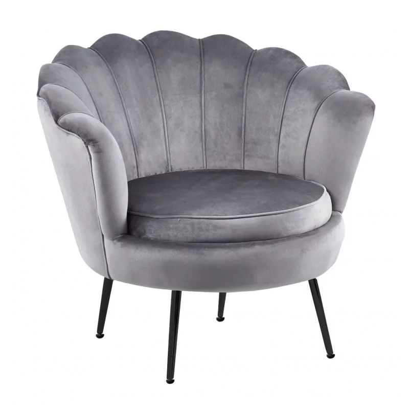 Fauteuil Coquillage en velours gris – Pieds noirs | Golddeco
