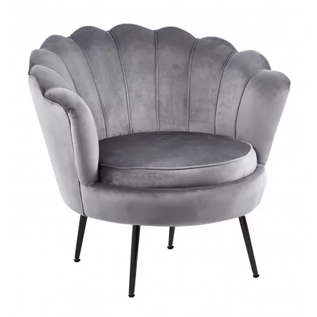 Fauteuil Coquillage en velours gris – Pieds noirs | Golddeco